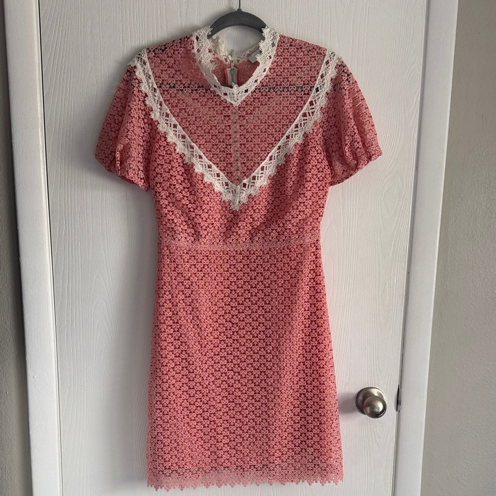 Sandro Pink Lace Mini Dress with White Lace V-Detail